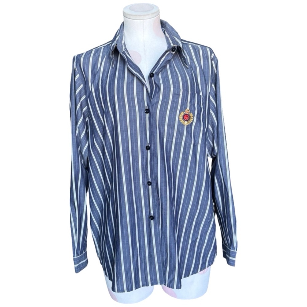 Liz Claiborne Liz Sport 100% Cotton Blue Gray & White Button Up 90s Blouse LP